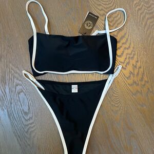 Black Bandeau Bikini Set White Trim Two Piece Swimsuit Bathing Suit
